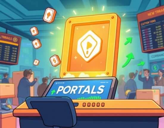 An animated illustration showing the exciting Bybit PORTALS listing, with digital tokens emerging from a portal on a trading screen.