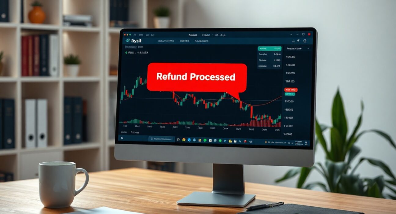 Bybit exchange interface showing a refund notification for SpaceX IPO shares on a computer monitor in a professional office setting.