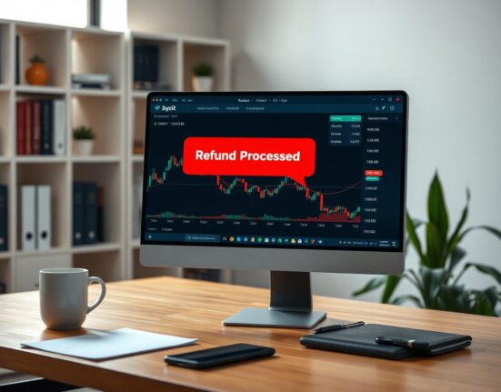 Bybit exchange interface showing a refund notification for SpaceX IPO shares on a computer monitor in a professional office setting.