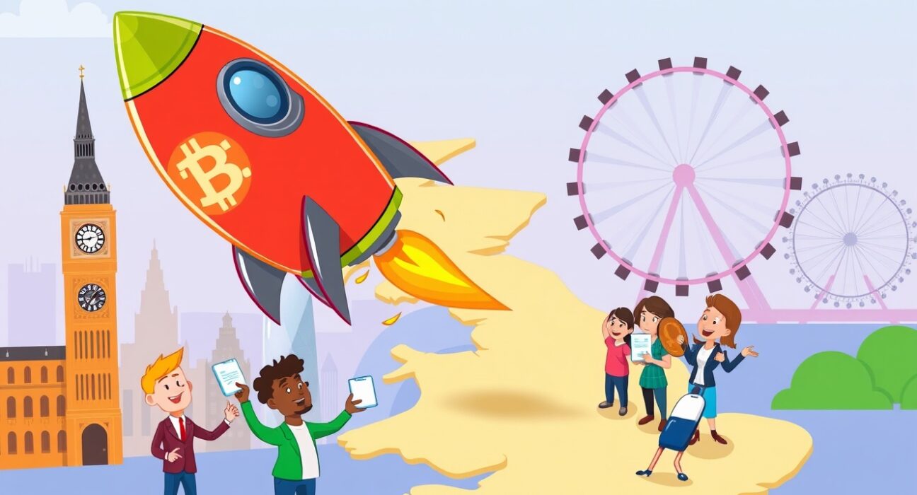 Cartoon illustration of Bybit's triumphant and compliant return to the UK market.