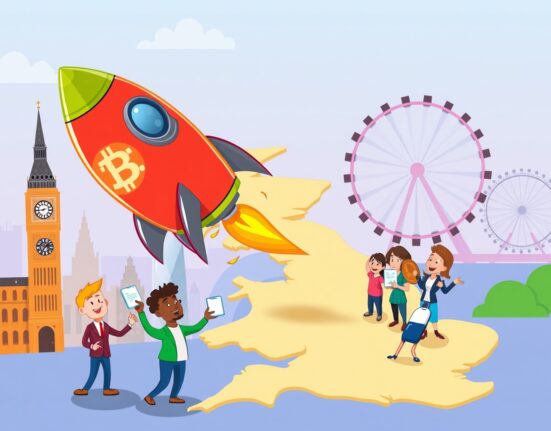 Cartoon illustration of Bybit's triumphant and compliant return to the UK market.