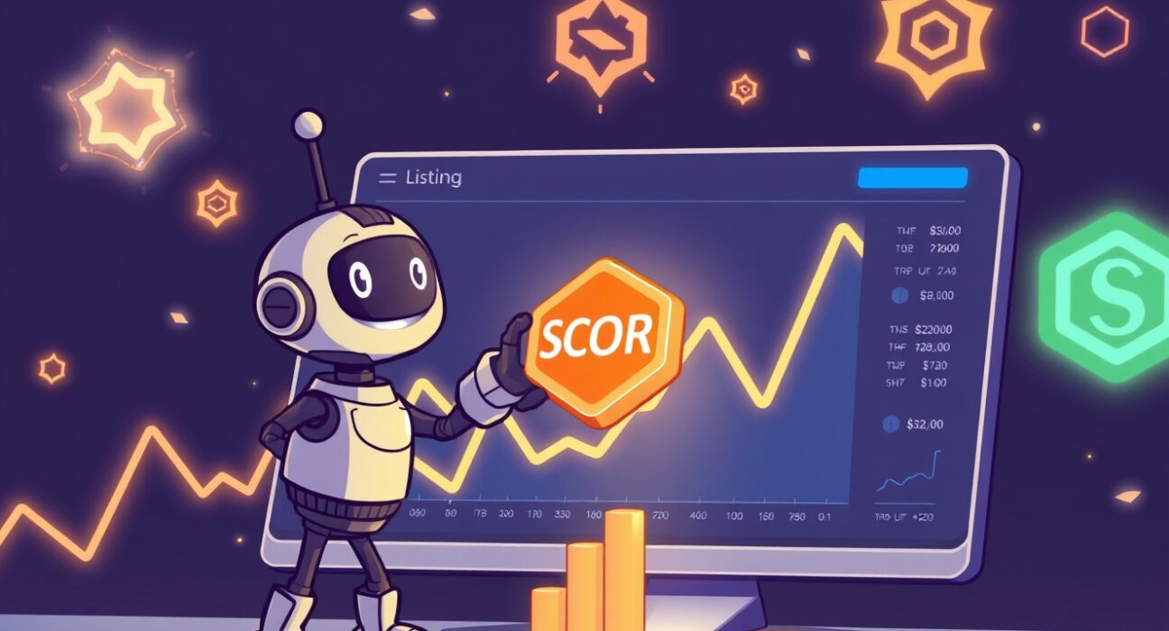 A vibrant cartoon of a SCOR spot listing on the Bybit crypto exchange platform.