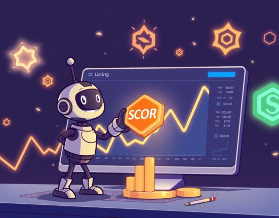 A vibrant cartoon of a SCOR spot listing on the Bybit crypto exchange platform.