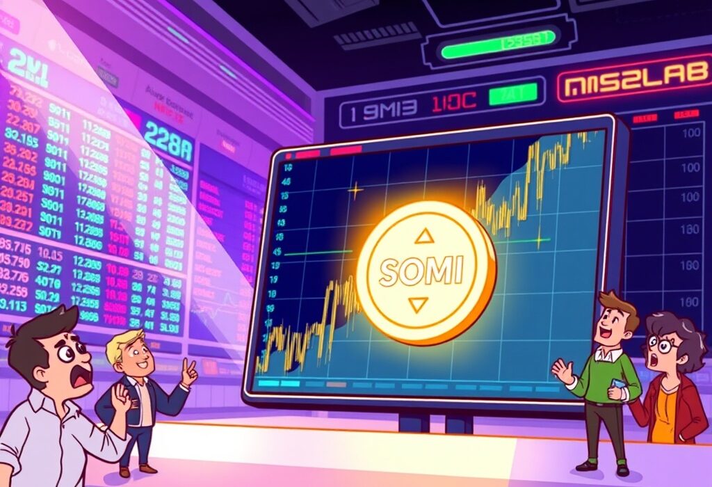 Cartoon illustration of a digital screen showing a new coin for the Bybit SOMI listing, symbolizing exciting trading opportunities.