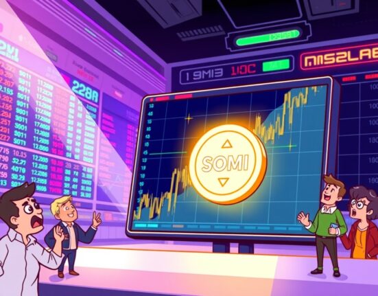 Cartoon illustration of a digital screen showing a new coin for the Bybit SOMI listing, symbolizing exciting trading opportunities.