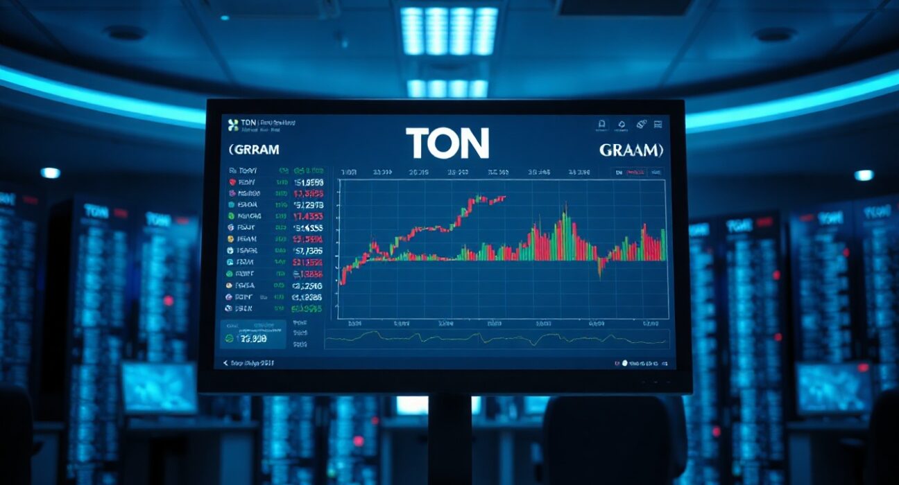 Cryptocurrency trading interface showing Toncoin ticker changing to Gram on a digital display.