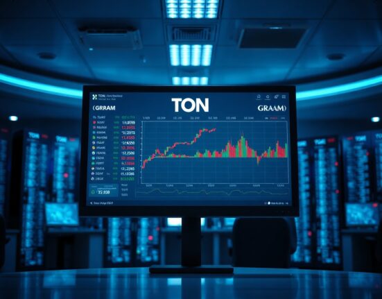 Cryptocurrency trading interface showing Toncoin ticker changing to Gram on a digital display.