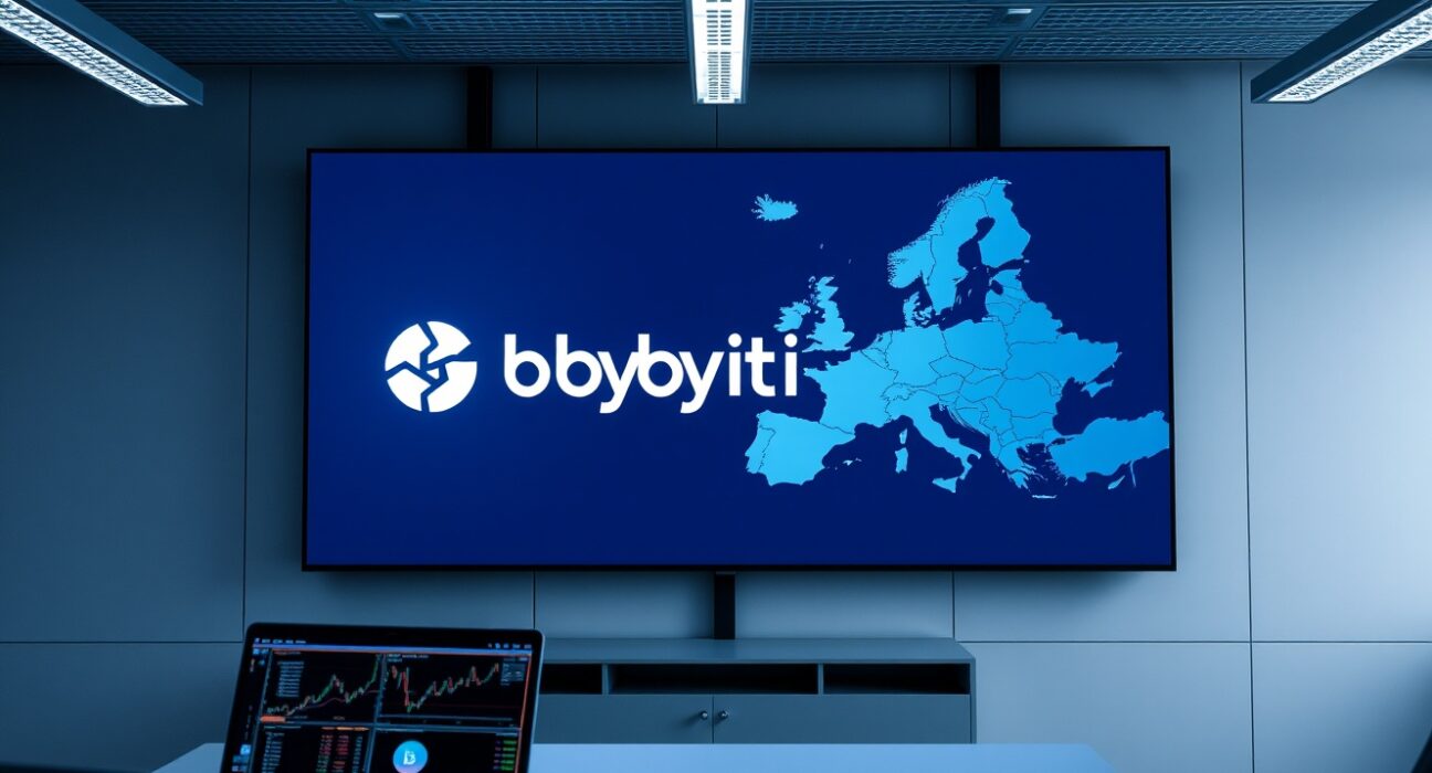 Bybit cryptocurrency exchange office with digital screen showing Europe map and trading charts