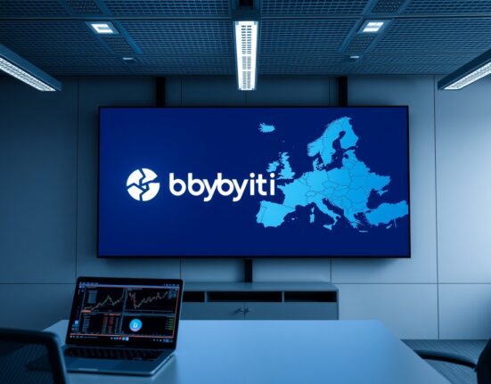 Bybit cryptocurrency exchange office with digital screen showing Europe map and trading charts