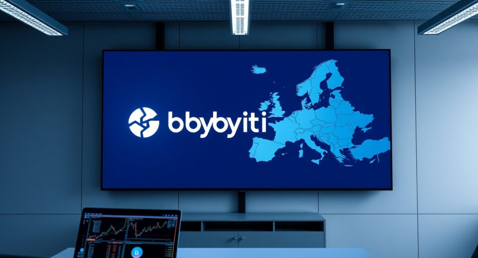 Bybit cryptocurrency exchange office with digital screen showing Europe map and trading charts