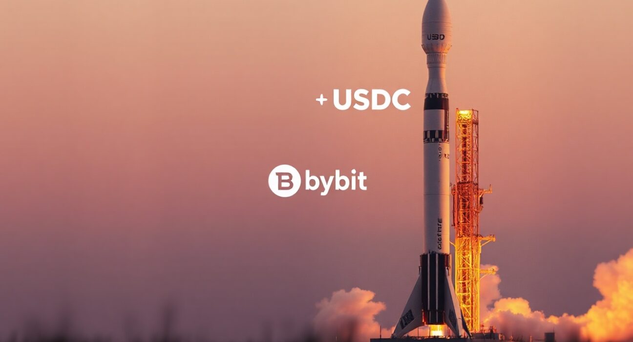 SpaceX rocket launch at dusk with digital USDC and Bybit overlay