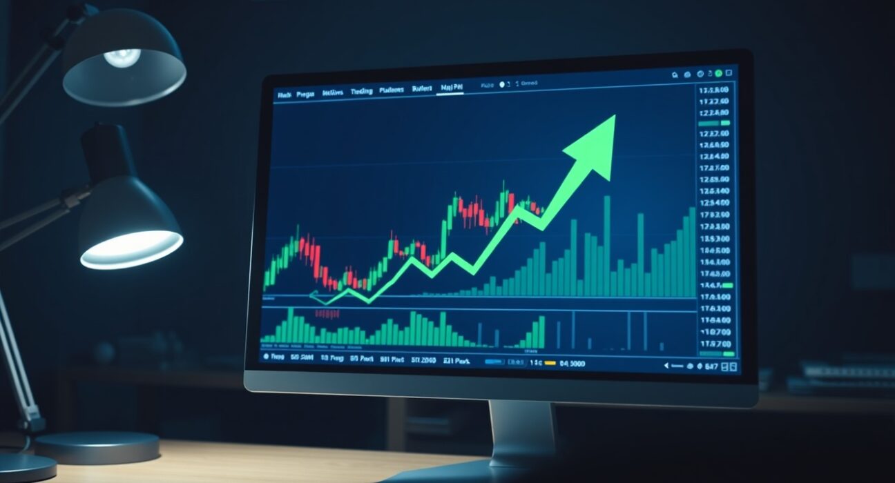 Trading screen showing Bitcoin charts and a green upward arrow indicating aggressive long positions on Bybit.