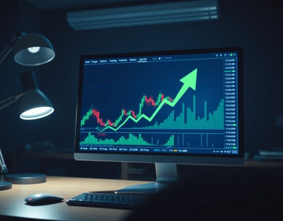 Trading screen showing Bitcoin charts and a green upward arrow indicating aggressive long positions on Bybit.