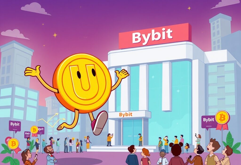 A cartoon illustration of Union U crypto token being listed on Bybit, symbolizing new trading opportunities.