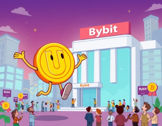 A cartoon illustration of Union U crypto token being listed on Bybit, symbolizing new trading opportunities.