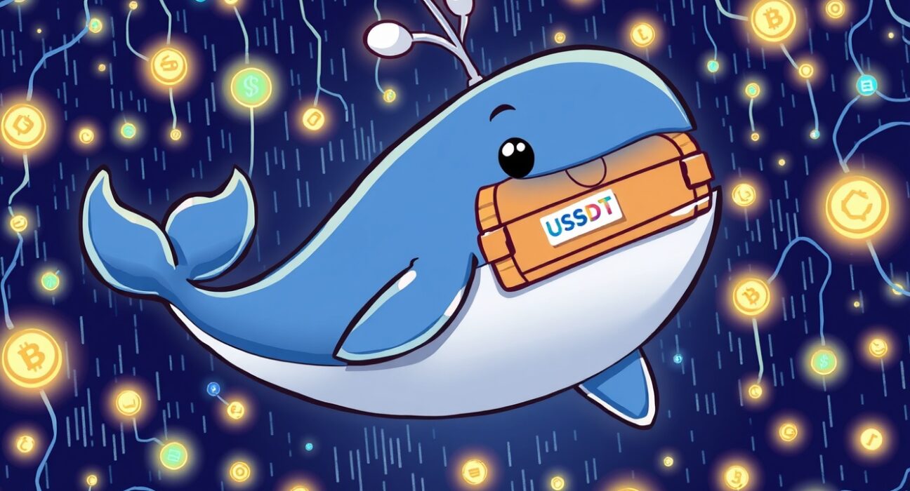 A cartoon whale symbolizing a major USDT transfer moving through a digital blockchain network.