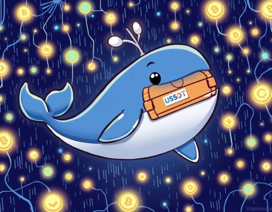 A cartoon whale symbolizing a major USDT transfer moving through a digital blockchain network.