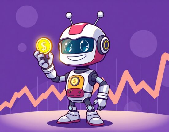 A cartoon robot celebrates the Bybit VOOI listing with a glowing token on a digital trading platform.