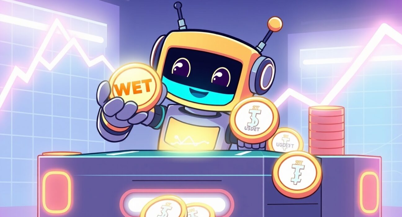 A vibrant cartoon illustrating the launch of the WET/USDT spot trading pair on a digital exchange platform.