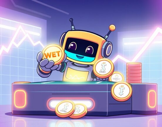 A vibrant cartoon illustrating the launch of the WET/USDT spot trading pair on a digital exchange platform.