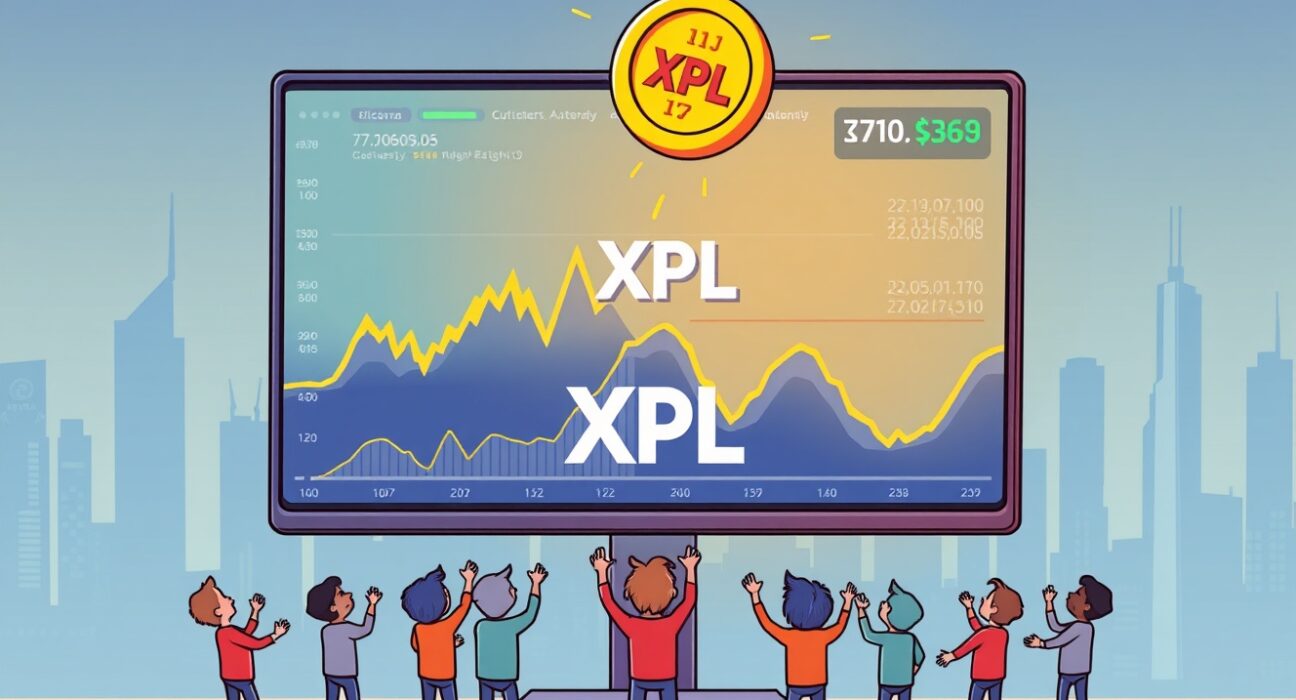 Cartoon illustration of traders eagerly watching the Bybit XPL listing on a screen, symbolizing new trading opportunities.