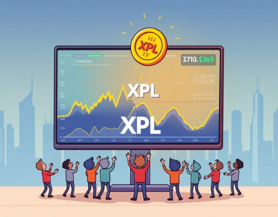 Cartoon illustration of traders eagerly watching the Bybit XPL listing on a screen, symbolizing new trading opportunities.