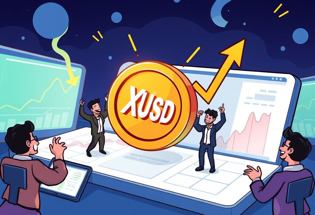 Illustration of excited traders celebrating the Bybit XUSD listing on a crypto exchange, symbolizing new trading opportunities.