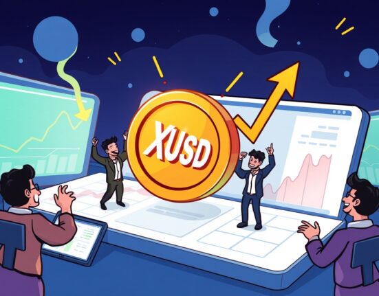 Illustration of excited traders celebrating the Bybit XUSD listing on a crypto exchange, symbolizing new trading opportunities.