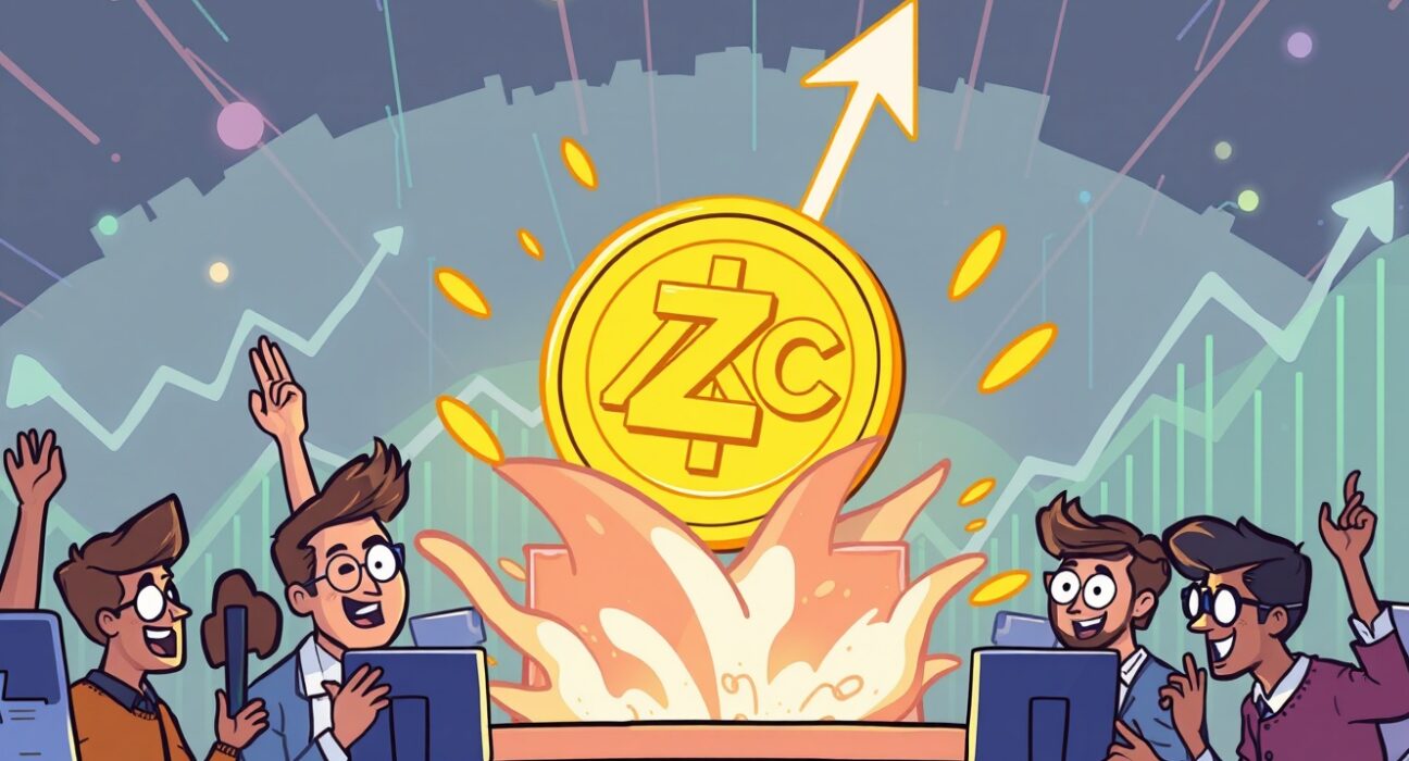 A cartoon illustration of a ZKC listing on a crypto exchange, symbolizing new trading opportunities and market excitement.