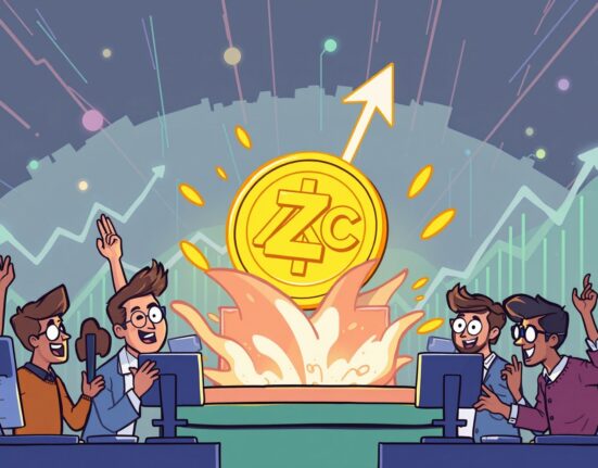 A cartoon illustration of a ZKC listing on a crypto exchange, symbolizing new trading opportunities and market excitement.