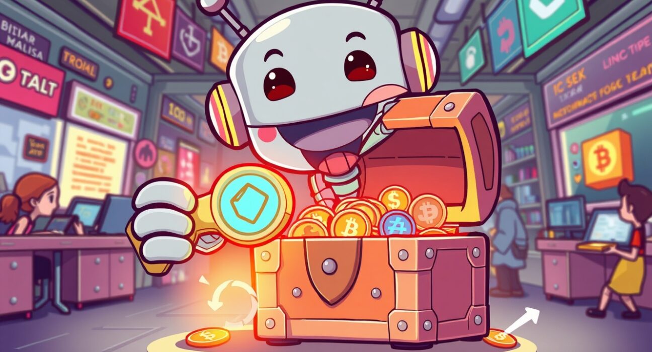 Bybit ZKP listing announcement shown as a cartoon robot unlocking a crypto treasure chest.