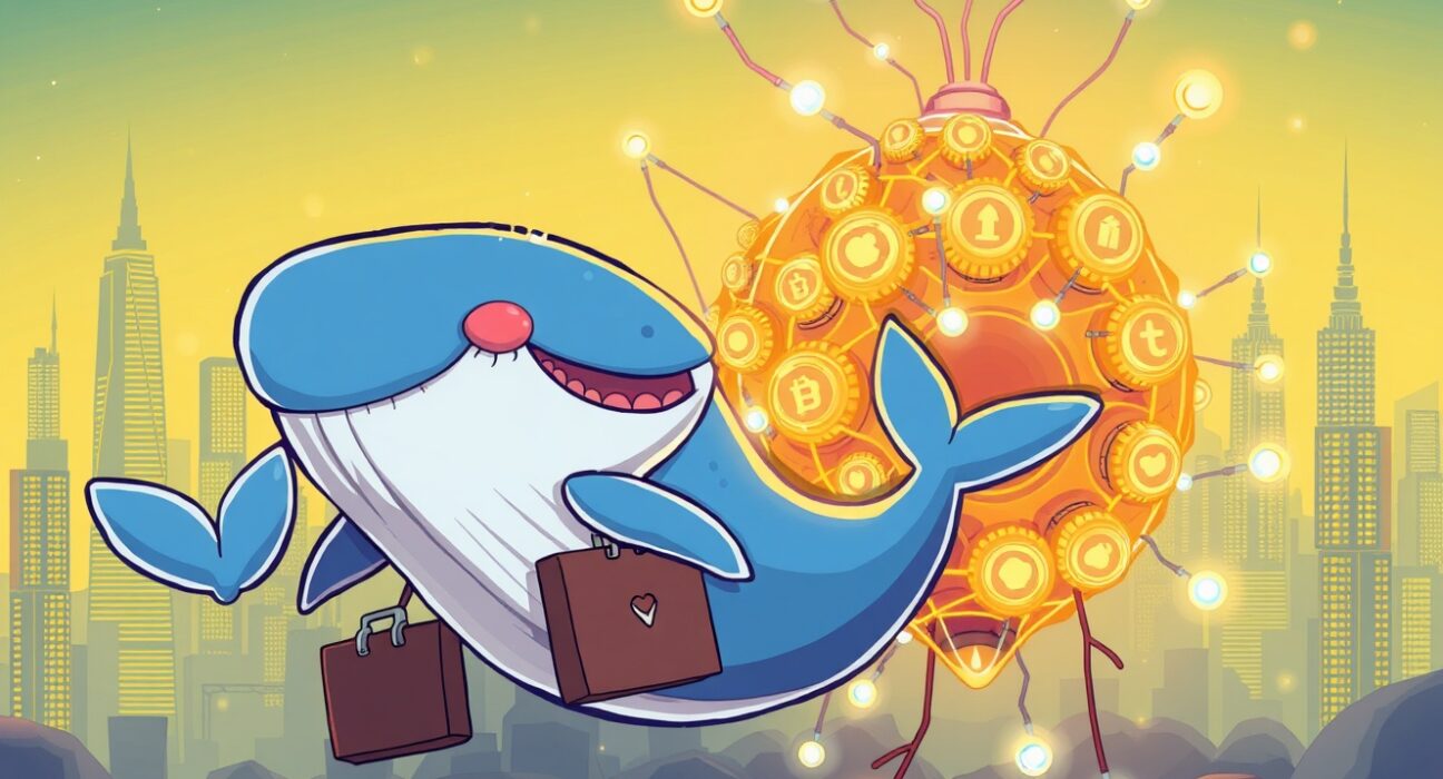 A cartoon whale investing in a glowing Ethereum beehive, symbolizing C1 Fund acquires stake in Consensys.