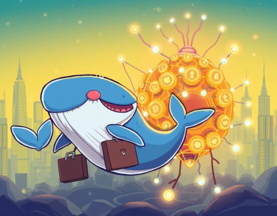 A cartoon whale investing in a glowing Ethereum beehive, symbolizing C1 Fund acquires stake in Consensys.