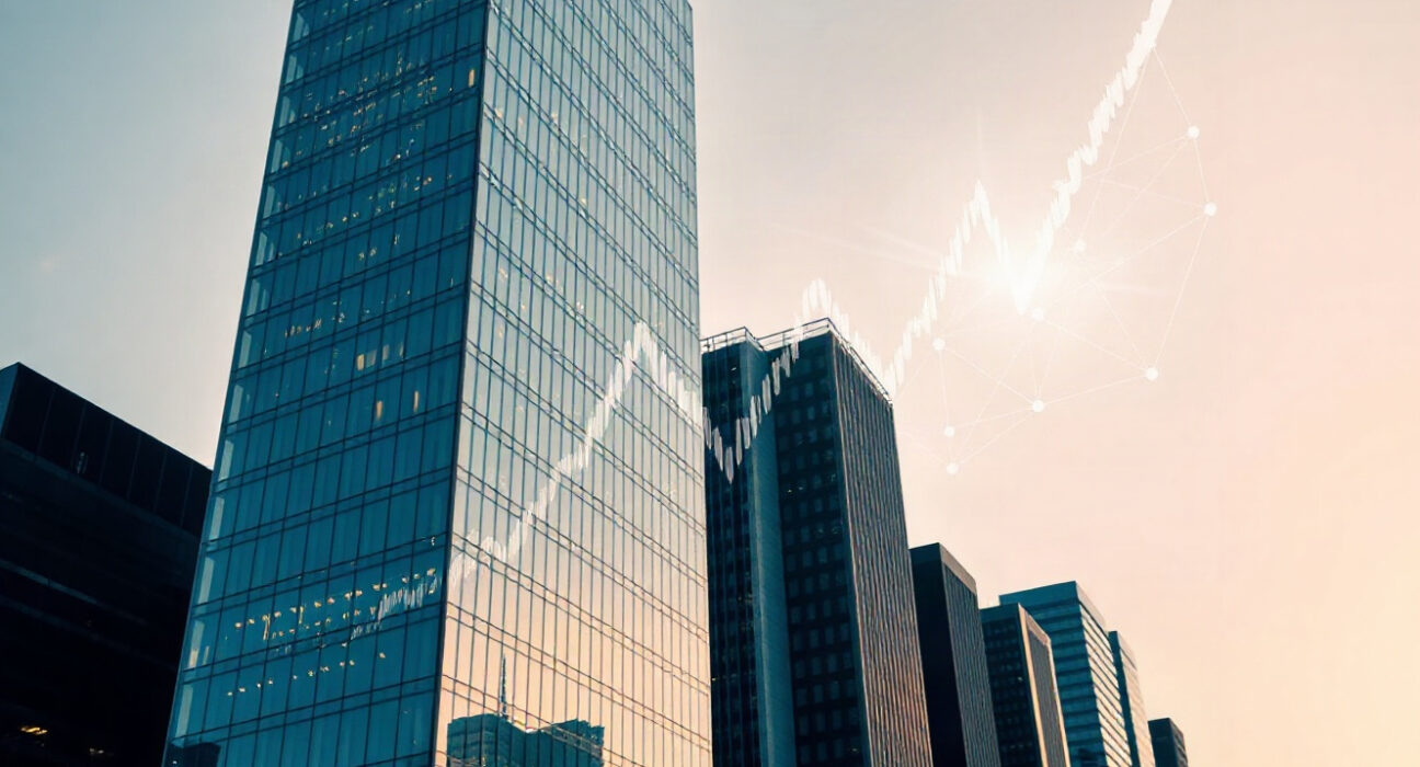 Financial district skyline with digital chart overlay symbolizing C1 Fund's crypto expansion