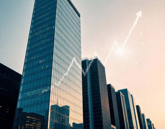Financial district skyline with digital chart overlay symbolizing C1 Fund's crypto expansion