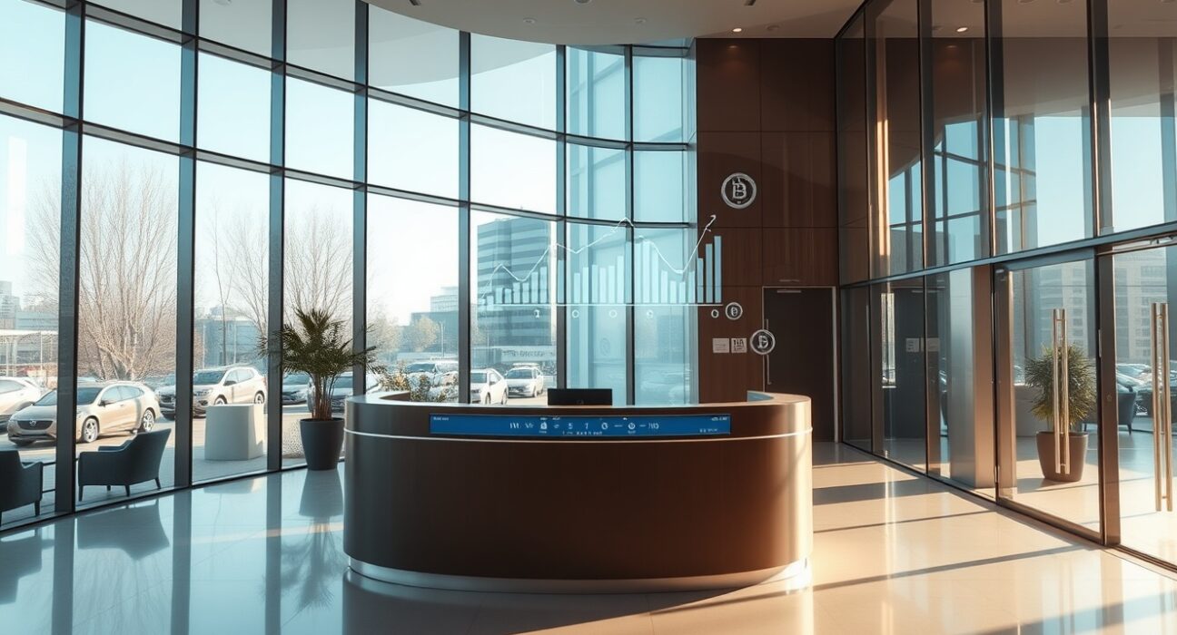 Modern office lobby with subtle digital blockchain and financial chart overlays