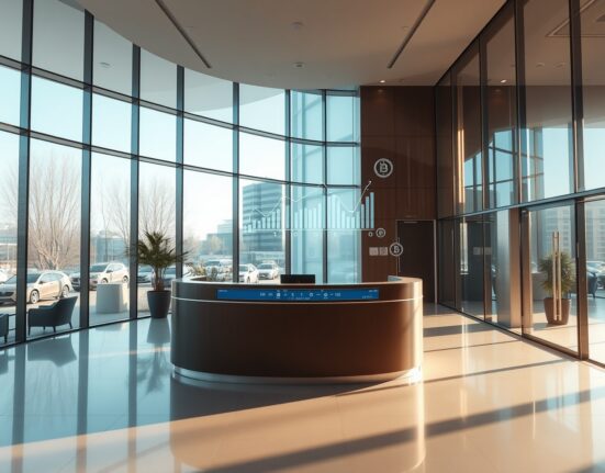 Modern office lobby with subtle digital blockchain and financial chart overlays