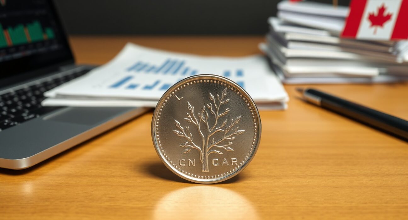 Canadian dollar coin analysis with financial charts showing CAD currency forecast data
