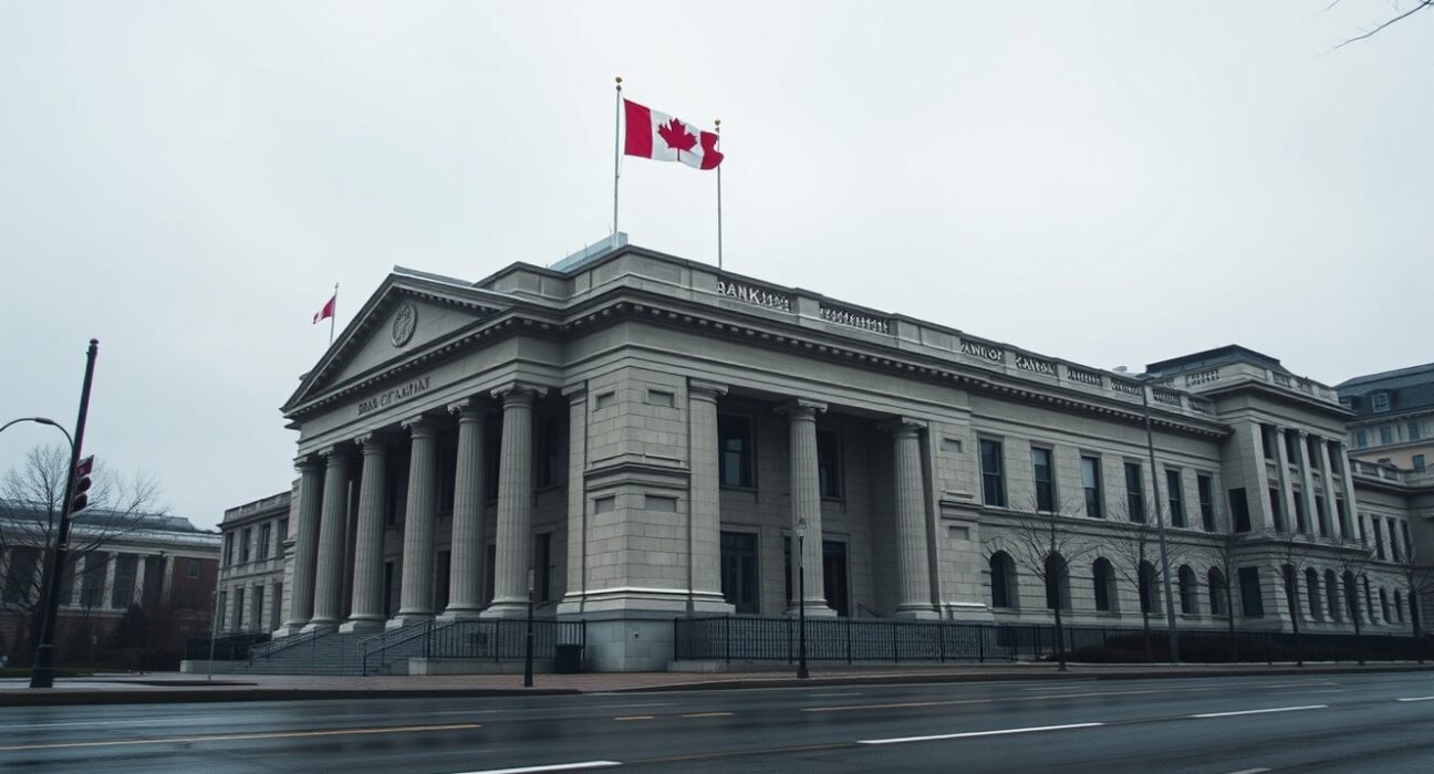 Bank of Canada building on a cloudy day in Ottawa, representing monetary policy and Canadian dollar analysis.