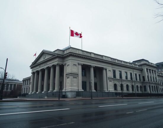 Bank of Canada building on a cloudy day in Ottawa, representing monetary policy and Canadian dollar analysis.