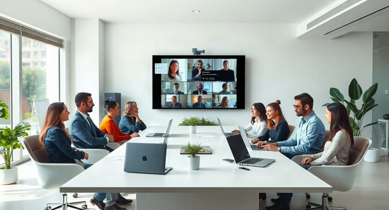 Professionals in a meeting with an AI note-taker displayed on screen