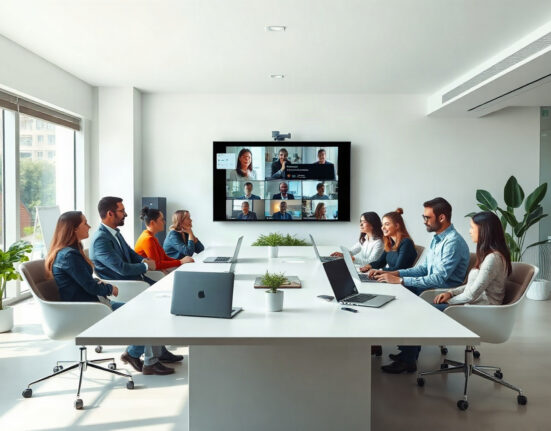 Professionals in a meeting with an AI note-taker displayed on screen