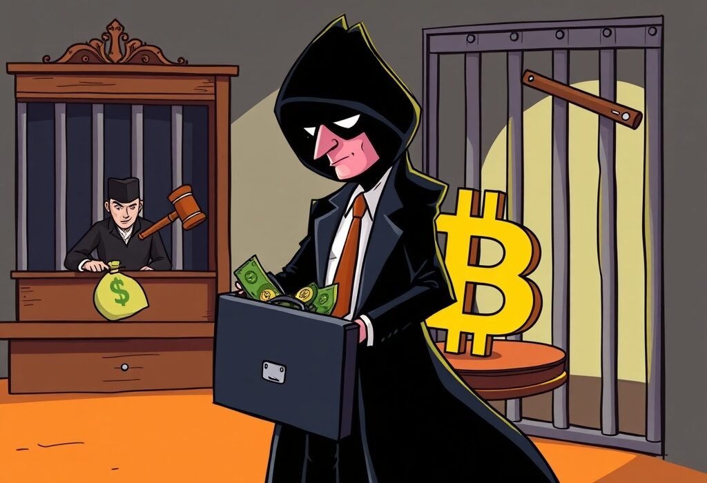 Cartoon showing the serious legal consequences of crypto laundering, with a gavel and digital assets symbolizing the illicit activity.