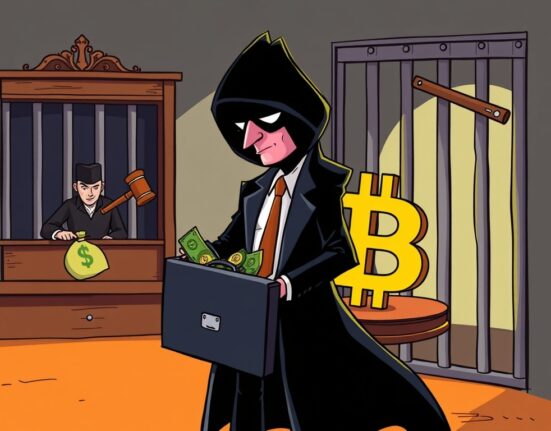 Cartoon showing the serious legal consequences of crypto laundering, with a gavel and digital assets symbolizing the illicit activity.
