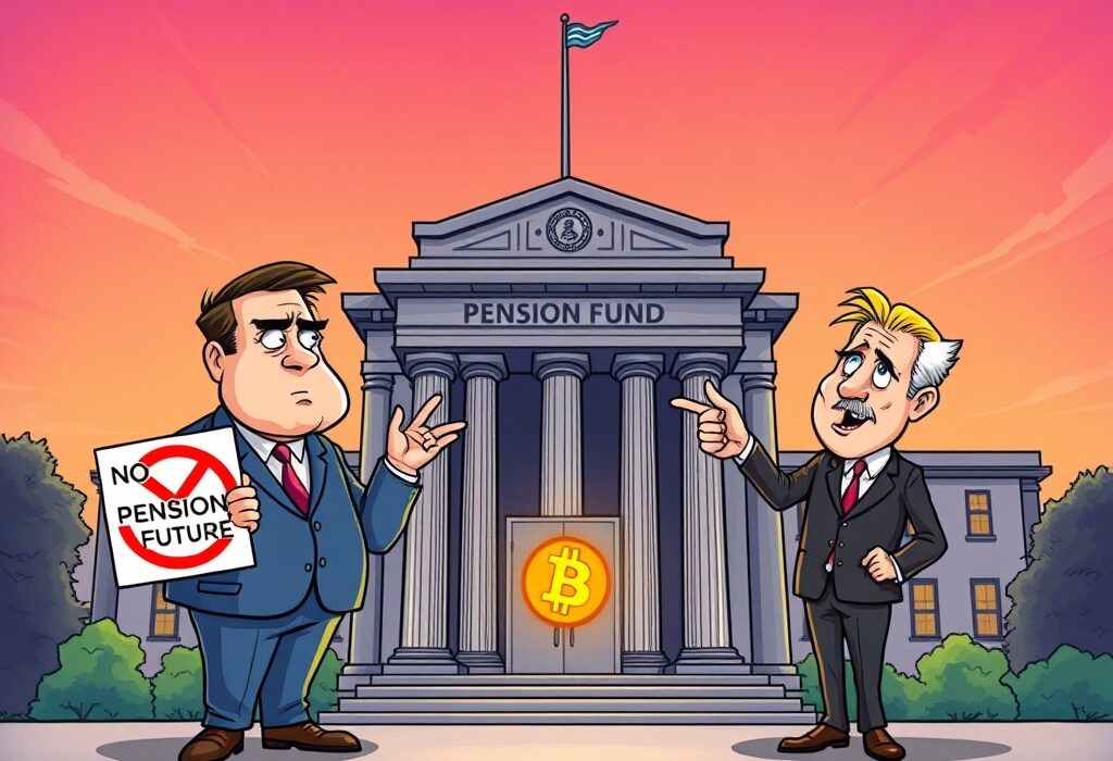 A cartoon illustrating the CalPERS crypto debate, showing board candidates divided on adding CalPERS crypto to the $506B pension fund.