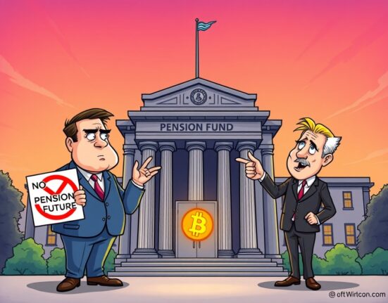 A cartoon illustrating the CalPERS crypto debate, showing board candidates divided on adding CalPERS crypto to the $506B pension fund.