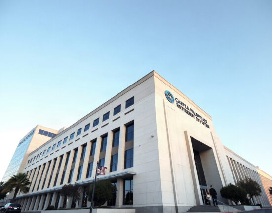 CalPERS headquarters in Sacramento, California, under a clear sky.