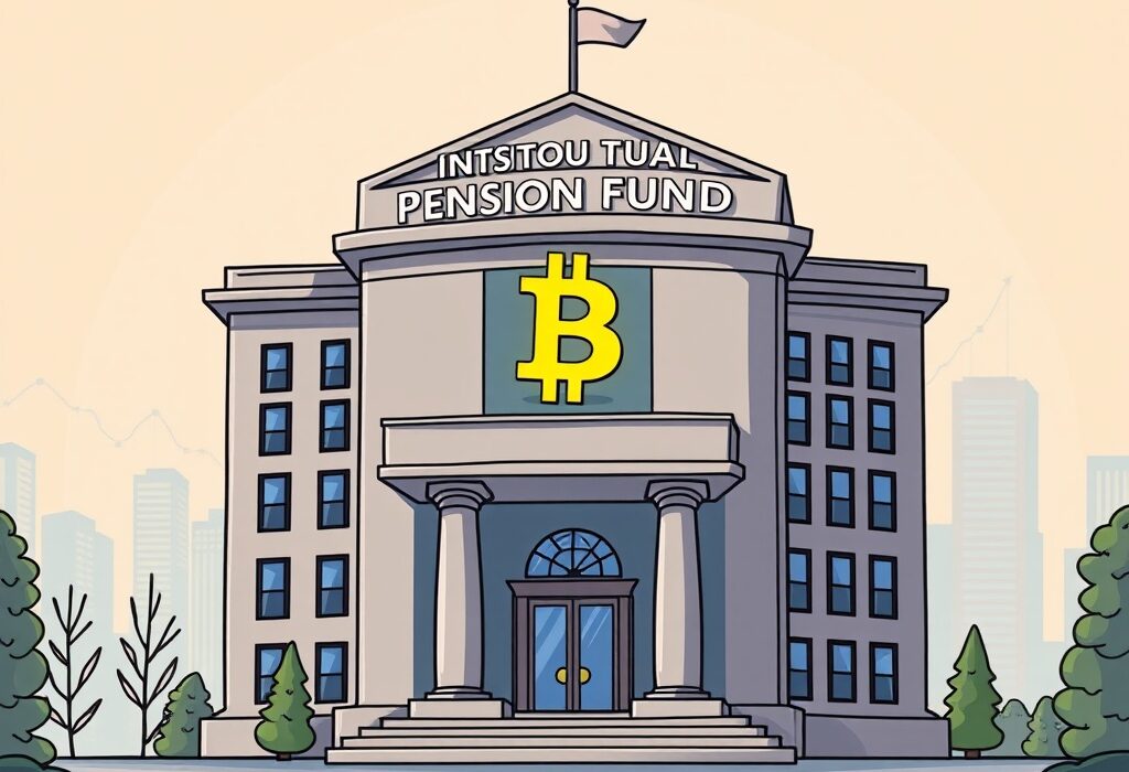 Cartoon illustration showing a large pension fund building, symbolizing CalSTRS Bitcoin exposure through institutional investment in digital assets.