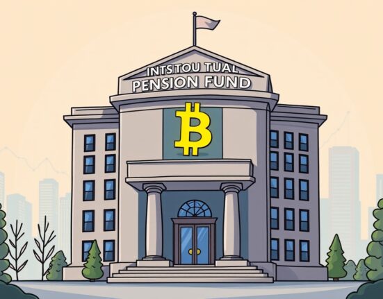 Cartoon illustration showing a large pension fund building, symbolizing CalSTRS Bitcoin exposure through institutional investment in digital assets.