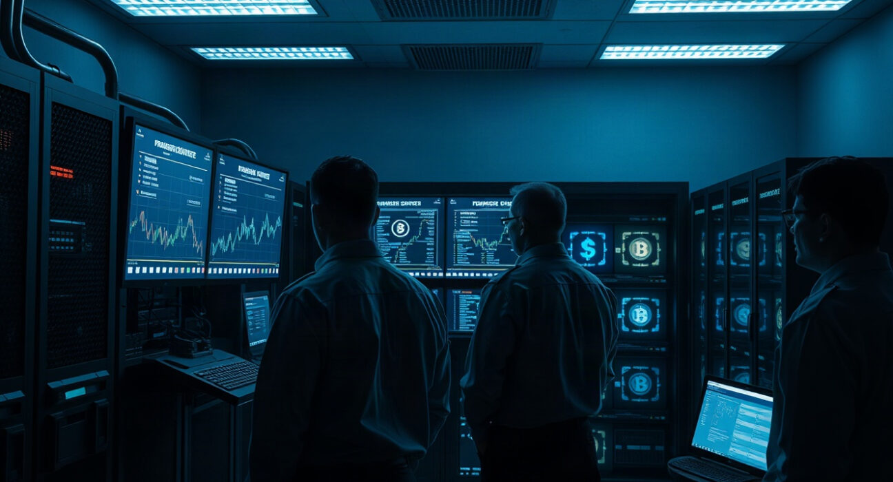 Law enforcement officers investigating cryptocurrency laundering evidence in a secure facility.